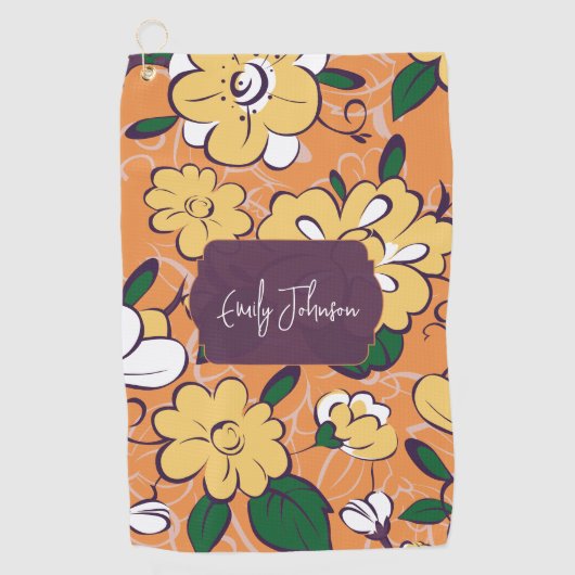 Retro Floral Orange Yellow White Custom Name Golfhanddoek (Voorkant)
