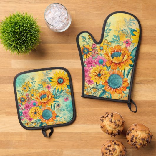 Retro Floral Ovenwant & Pannenlap Set (Top down)