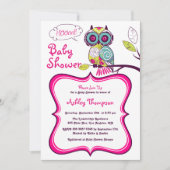 Retro Floral Owl Hot Pink Baby shower Uitnodiging (Voorkant)