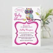 Retro Floral Owl Hot Pink Baby shower Uitnodiging (Staand voorkant)