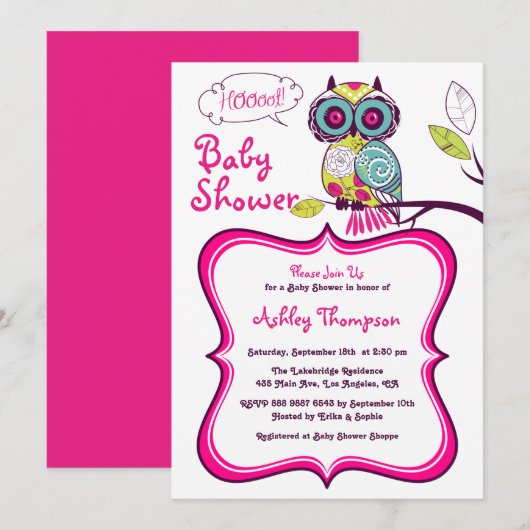 Retro Floral Owl Hot Pink Baby shower Uitnodiging (Voorkant / Achterkant)