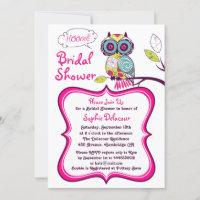 Retro Floral Owl Hot Pink Bridal Shower Uitnodigin