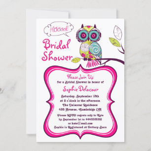 Retro Floral Owl Hot Pink Bridal Shower Uitnodigin Kaart