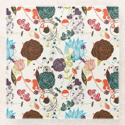 Retro Floral Patroon 2 2 Glazen Onderzetter (Voorkant)