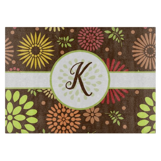 Retro Floral Patroon op bruine monogrammen Snijplank (Voorkant)