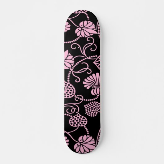 Retro Floral Patroonroze op zwart Persoonlijk Skateboard (Voorkant)
