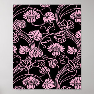 Retro Floral Patroonroze op zwart Poster