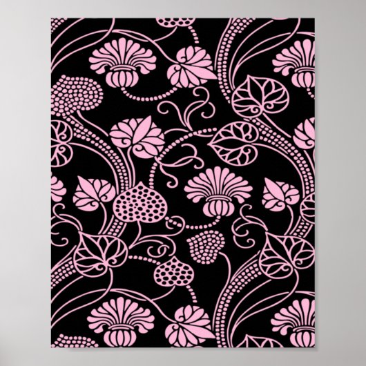 Retro Floral Patroonroze op zwart Poster (Voorkant)