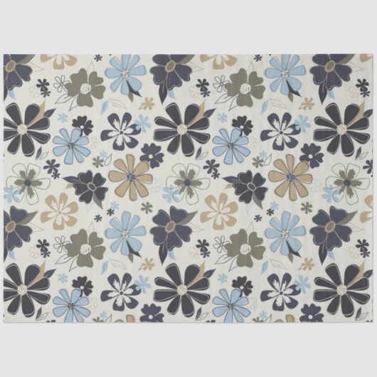 Retro Floral Pattern Blue Tan Tissuepapier (Voorkant)