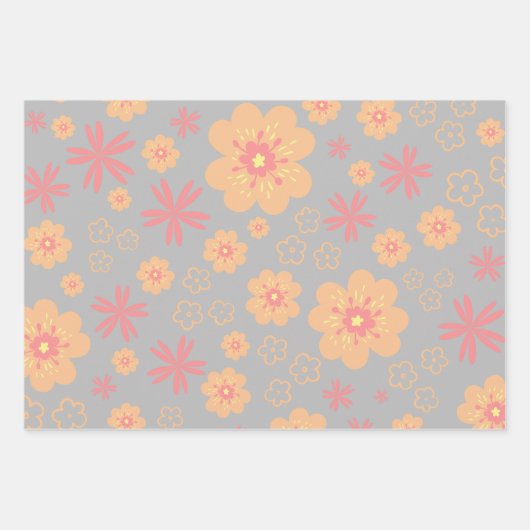 Retro Floral Pattern en Plain Pink Inpakpapier Vel (Voorkant 3)