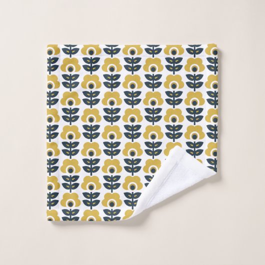 Retro Floral Pattern Navy and Mustard Yellow Bad Handdoek (Wasdoekje)