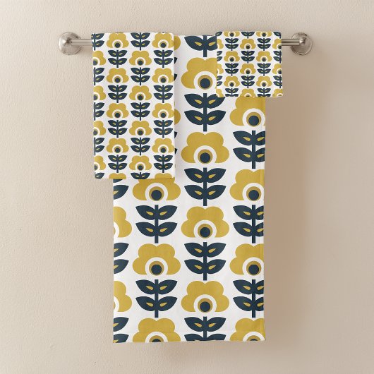 Retro Floral Pattern Navy and Mustard Yellow Bad Handdoek