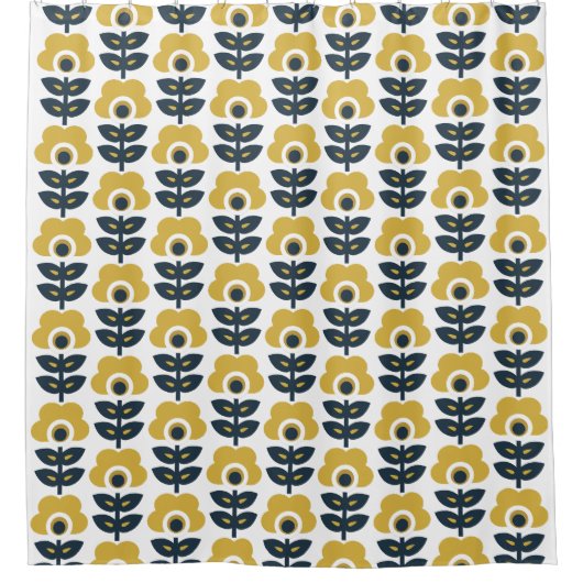 Retro Floral Pattern Navy and Mustard Yellow Douchegordijn (Voorkant)