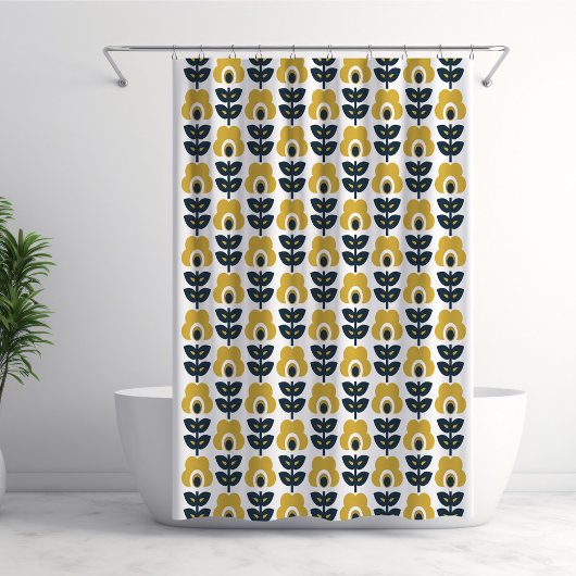 Retro Floral Pattern Navy and Mustard Yellow Douchegordijn