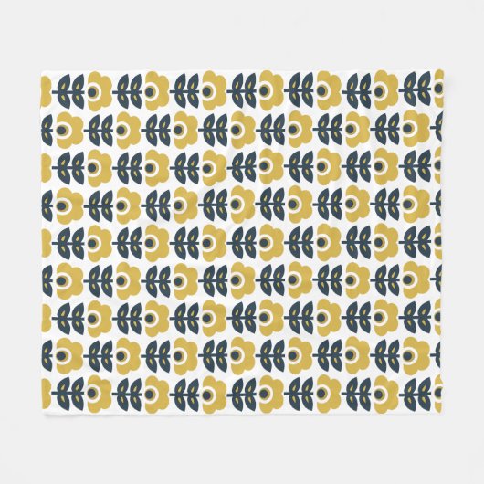 Retro Floral Pattern Navy and Mustard Yellow Fleece Deken (Voorkant (Horizontaal))
