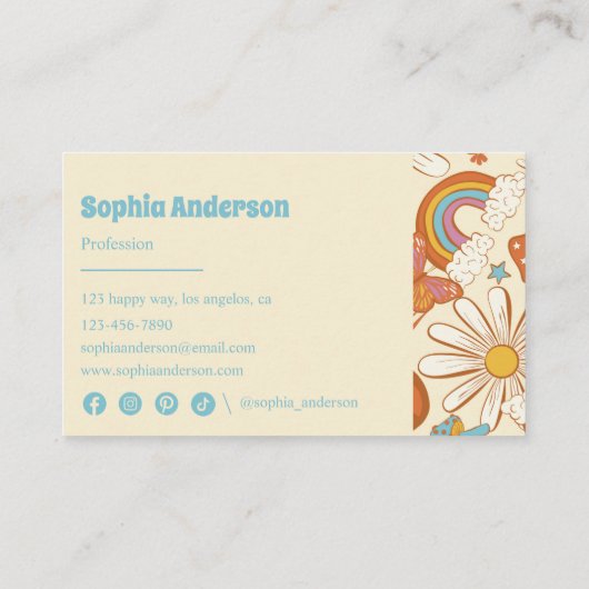 Retro Floral Rainbow – Boho 70s Style Visitekaartje (Achterkant)