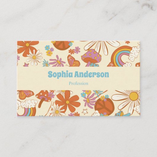Retro Floral Rainbow – Boho 70s Style Visitekaartje (Voorkant)