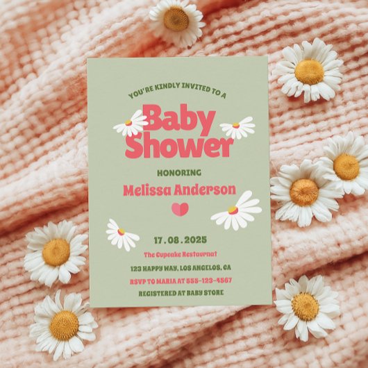 Retro Floral Sage Green Daisy Baby Shower  Kaart