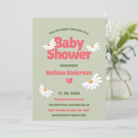 Retro Floral Sage Green Daisy Baby Shower  Kaart (Staand voorkant)