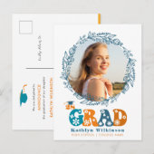 Retro Floral Script Elegant Wreatfoto Afstuderen Aankondigingskaart (Voorkant / Achterkant)