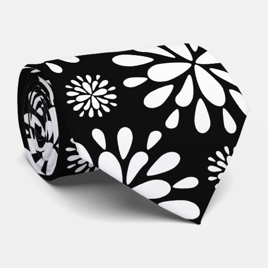 Retro Floral Splash Design Stropdas, wit op zwart Stropdas (Opgerold)