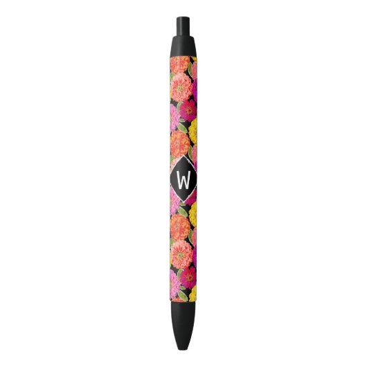 Retro Floral Summer Zinnias Monogram Zwarte Inkt Pen (Voorkant Verticaal)