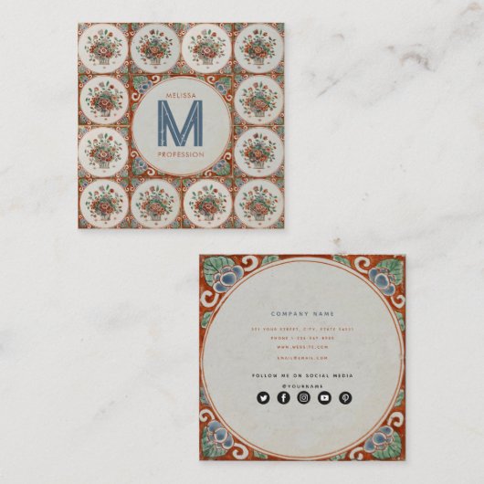  Retro Floral Terracotta Tiles Social Media Vierkante Visitekaartje (Voorkant / Achterkant)