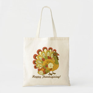 RETRO FLORAL TURKEY HAPPY THANKSGIVING FAVOR BAG TOTE BAG