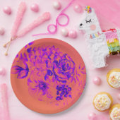 Retro Floral Vibrant Magenta Birthday Papieren Bordje (Feest)