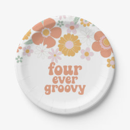 Retro Floral Vier ooit groovy 4e verjaardag Papieren Bordje