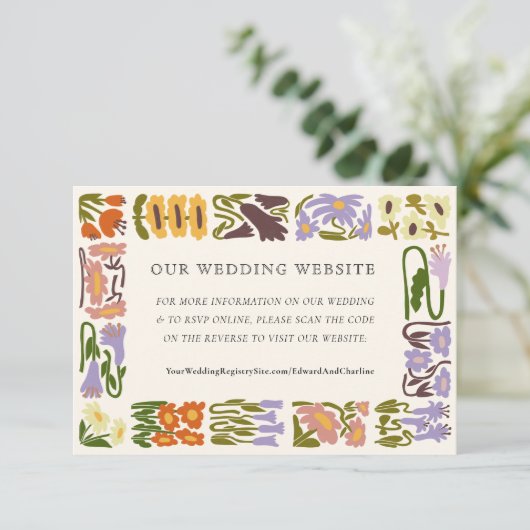  Retro Floral website | RSVP QR-code Informatiekaartje (Staand voorkant)