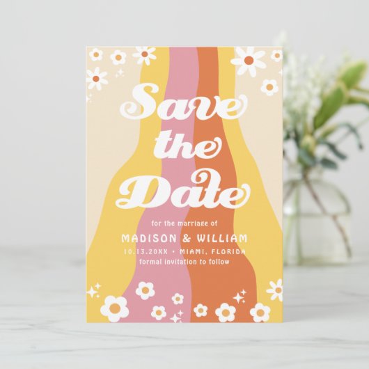 Retro Floral Wedding Bewaar de datum Foto Kaart (Staand voorkant)