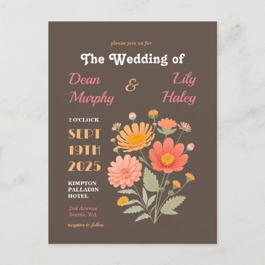 Retro Floral Wedding Uitnodiging (Voorkant)