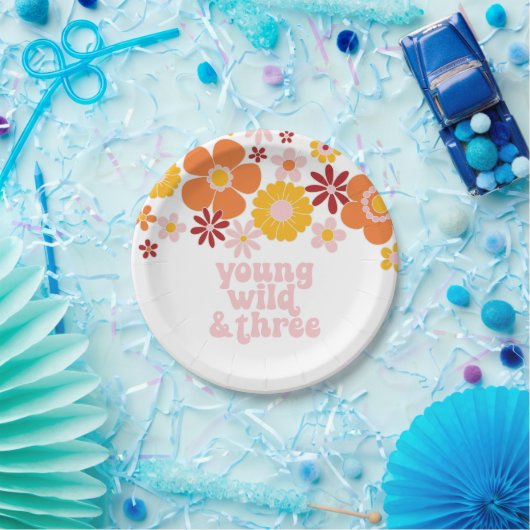 Retro Floral Young Wild, drie jaar Papieren Bordje (Feest)