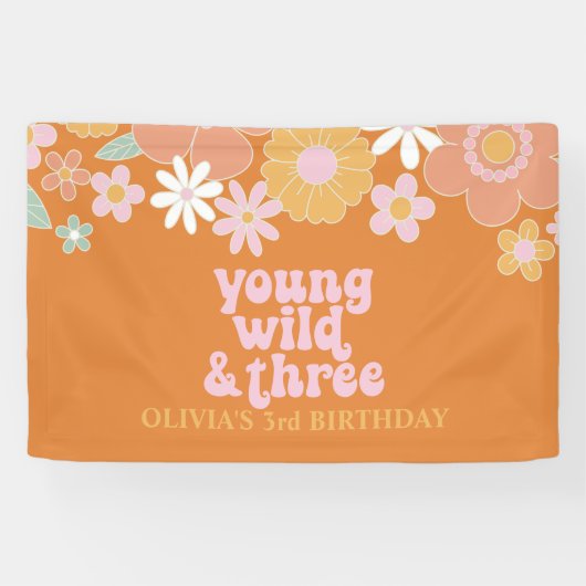 Retro Floral Young Wild, drie jaar Spandoek (Horizontaal)