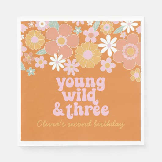 Retro Floral Young Wild Drie verjaardag Napkins Servet (Voorkant)