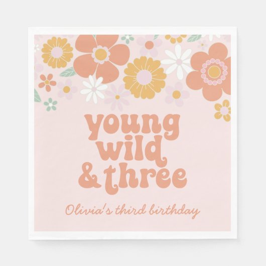 Retro Floral Young Wild Drie verjaardag Napkins Servet (Voorkant)