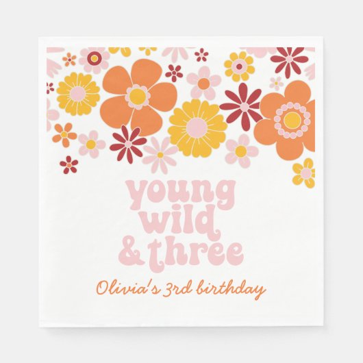 Retro Floral Young Wild Drie verjaardag Napkins Servet (Voorkant)