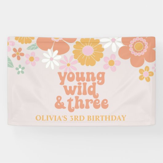 Retro Floral Young Wild Three Birthday Banner (Horizontaal)