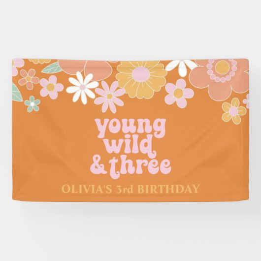 Retro Floral Young Wild Three Birthday Banner (Horizontaal)