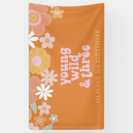 Retro Floral Young Wild Three Birthday Banner (Verticaal)