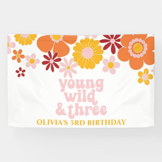 Retro Floral Young Wild Three Birthday Banner (Horizontaal)