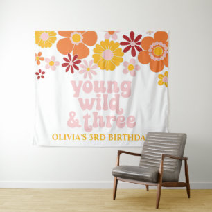 Retro Floral Young Wild Three Birthday Banner Wandkleed