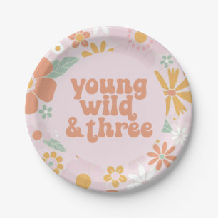 Retro Floral Young Wild Three Birthday Paper Bord