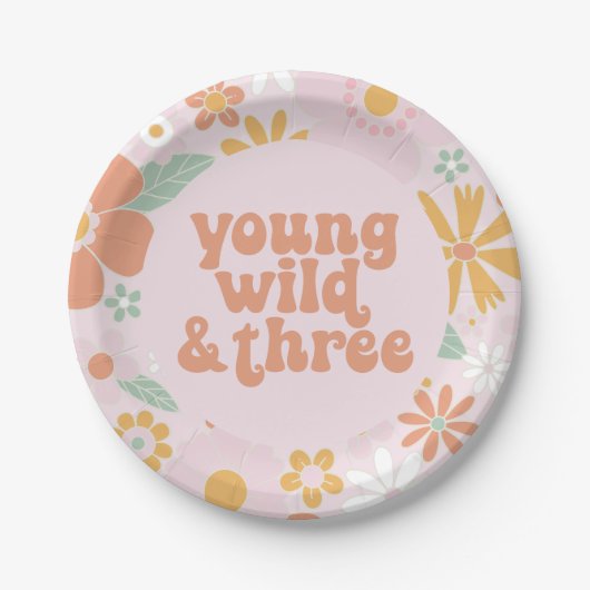 Retro Floral Young Wild Three Birthday Paper Bord (Voorkant)