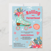 Retro florale blauwgroen roller schaats boho baby kaart (Voorkant)