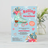 Retro florale blauwgroen roller schaats boho baby kaart (Staand voorkant)