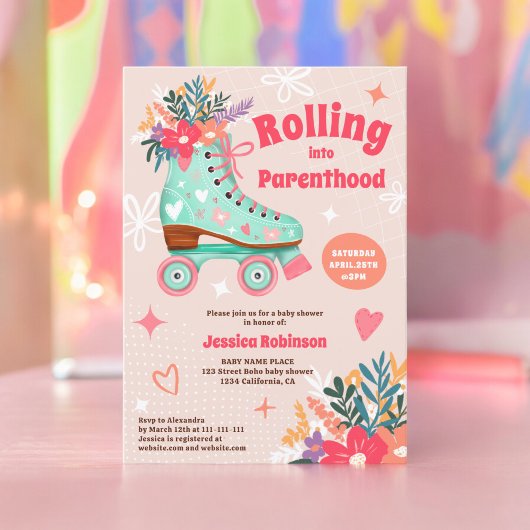 Retro florale blauwgroen roller schaats boho baby kaart