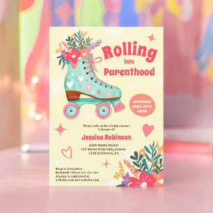 Retro florale blauwgroen roller schaats boho baby kaart