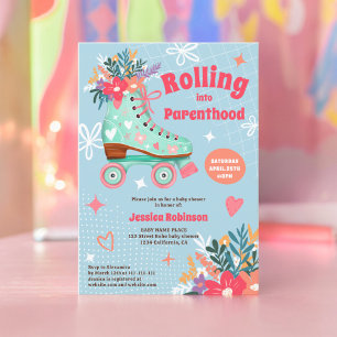 Retro florale blauwgroen roller schaats boho baby kaart